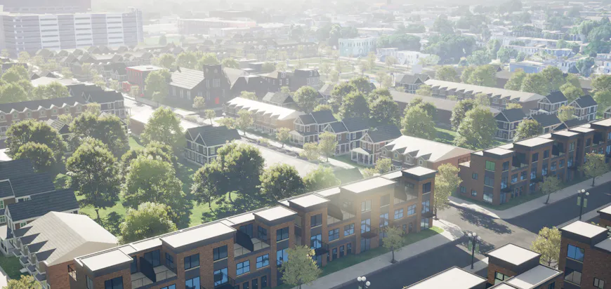 Rendering of neighborhood in Camden digital twin built by Hopeworks in Cesium for Unreal