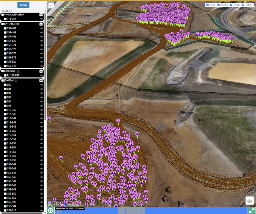Pins showing load dumps on an earthworks site