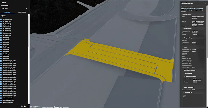 Proposed roadway element on a gray background. JMT's new app uses Cesium's design model workflows to give engineers direct access to model metadata