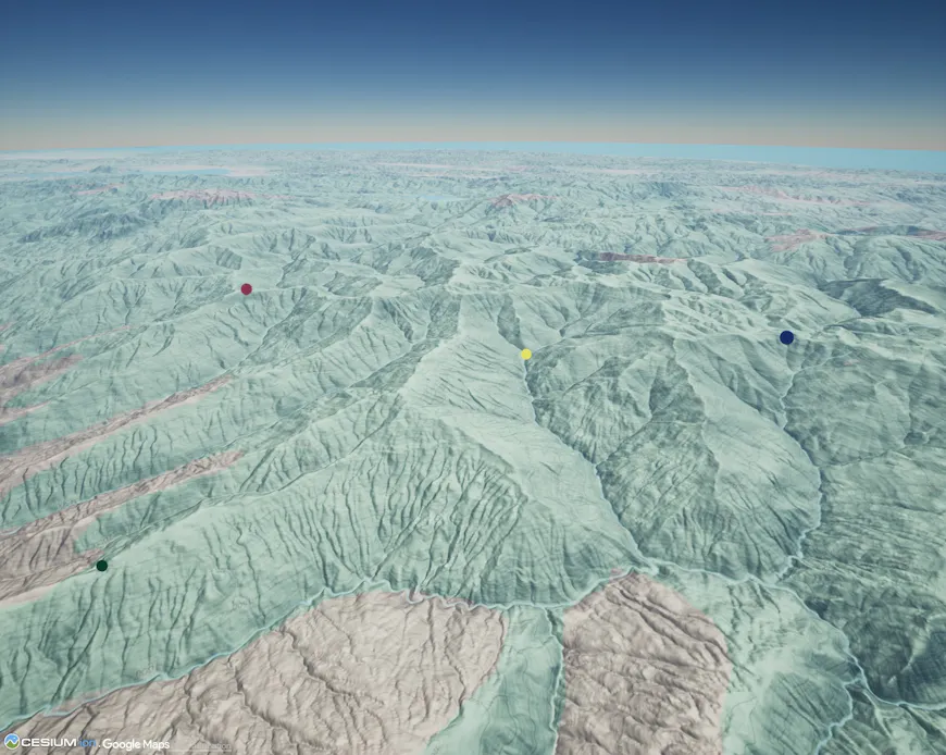 Points with varying diameter, visualized in Cesium for Unreal on top of Cesium World Terrain draped with Google Maps 2D Contour imagery.