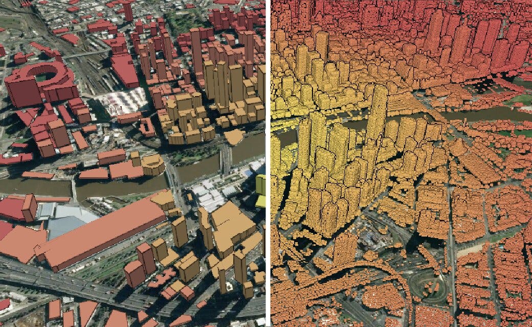 Heatmap of Melbourne created with 3D Tiles Styling. Left: OSM Buildings 3D Tiles. Right: Point cloud 3D Tiles.