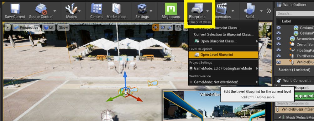 Cesium for Unreal controllers openLevelBlueprint
