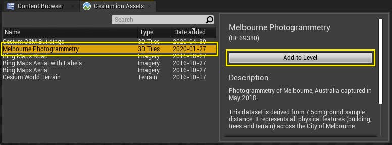 Cesium for Unreal photogrammetry asset list