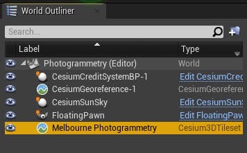 Cesium for Unreal photogrammetry world outliner
