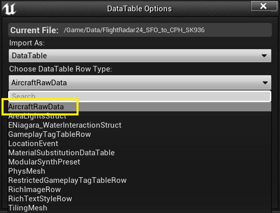 Cesium for Unreal Flight tracker dataTableOptions