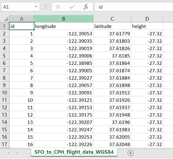 Cesium for Unreal Flight tracker rawdataInExcel