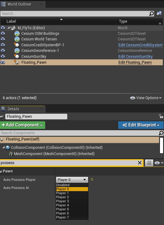 Cesium for Unreal fly to possess player floating pawn