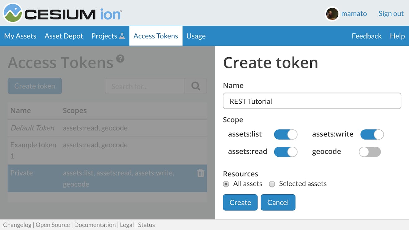 REST API Cesium.com ion tokens