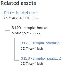 The related assets UI for the simple-house model, which can be found on any asset's detail page in "My Assets" in Cesium ion. This UI shows two versions of simple-house.