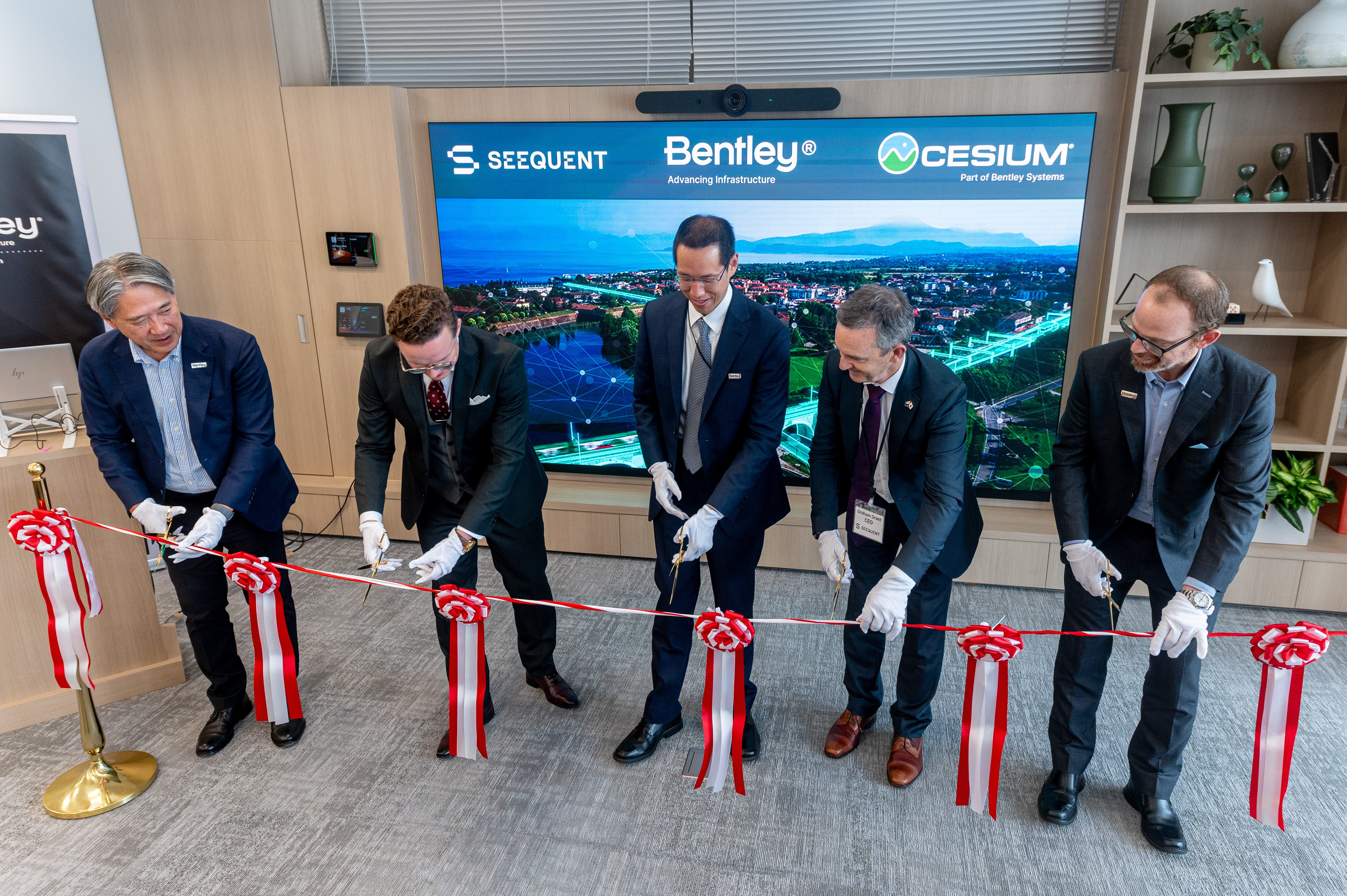 Keishi Kono, Anatolii Ast, James Lee, Graham Grant, and Patrick Cozzi cutting the ribbon at the new Bentley Japan office in June 2026