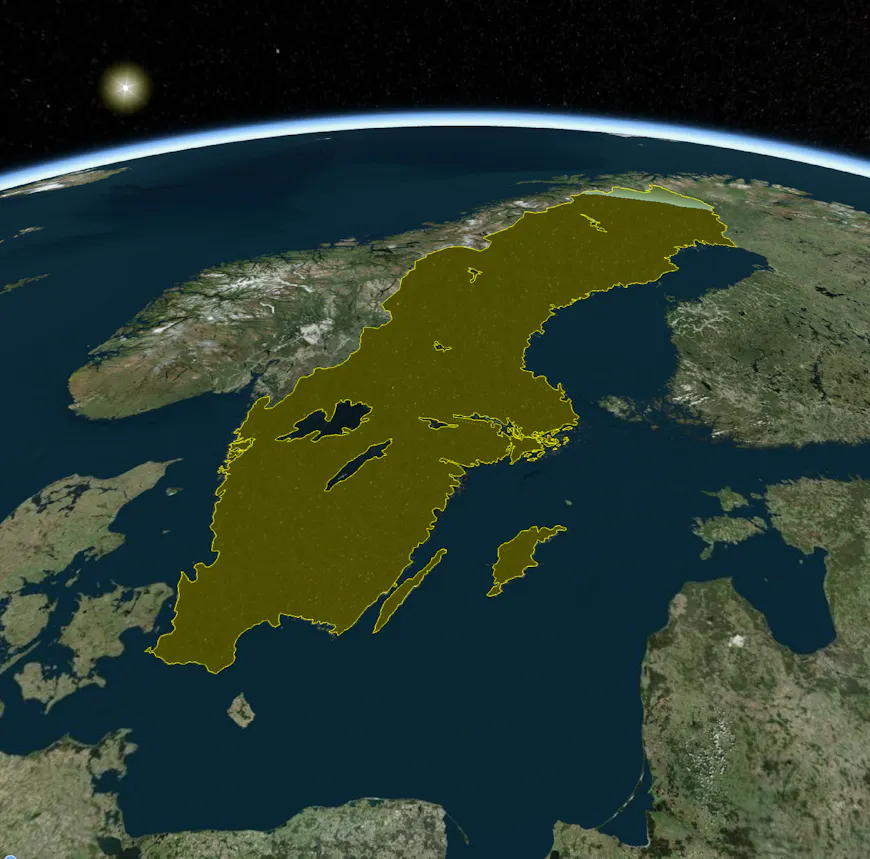 A GeoJson footprint of Sweden used as a clipping polygon on the globe, now with support for holes (excluded regions) inside the clipping polygon. 