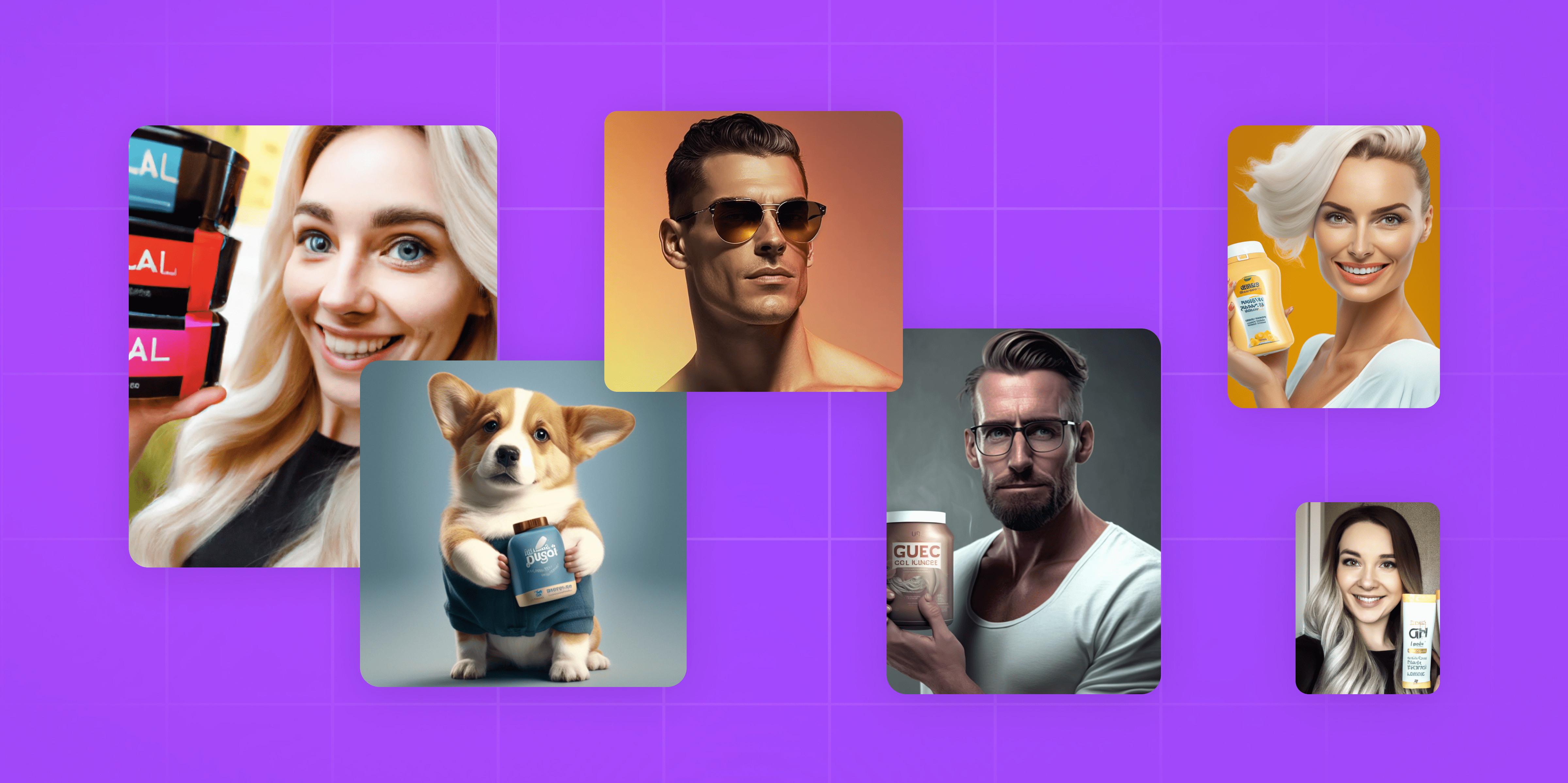 different images of AI generated humans and a corgi