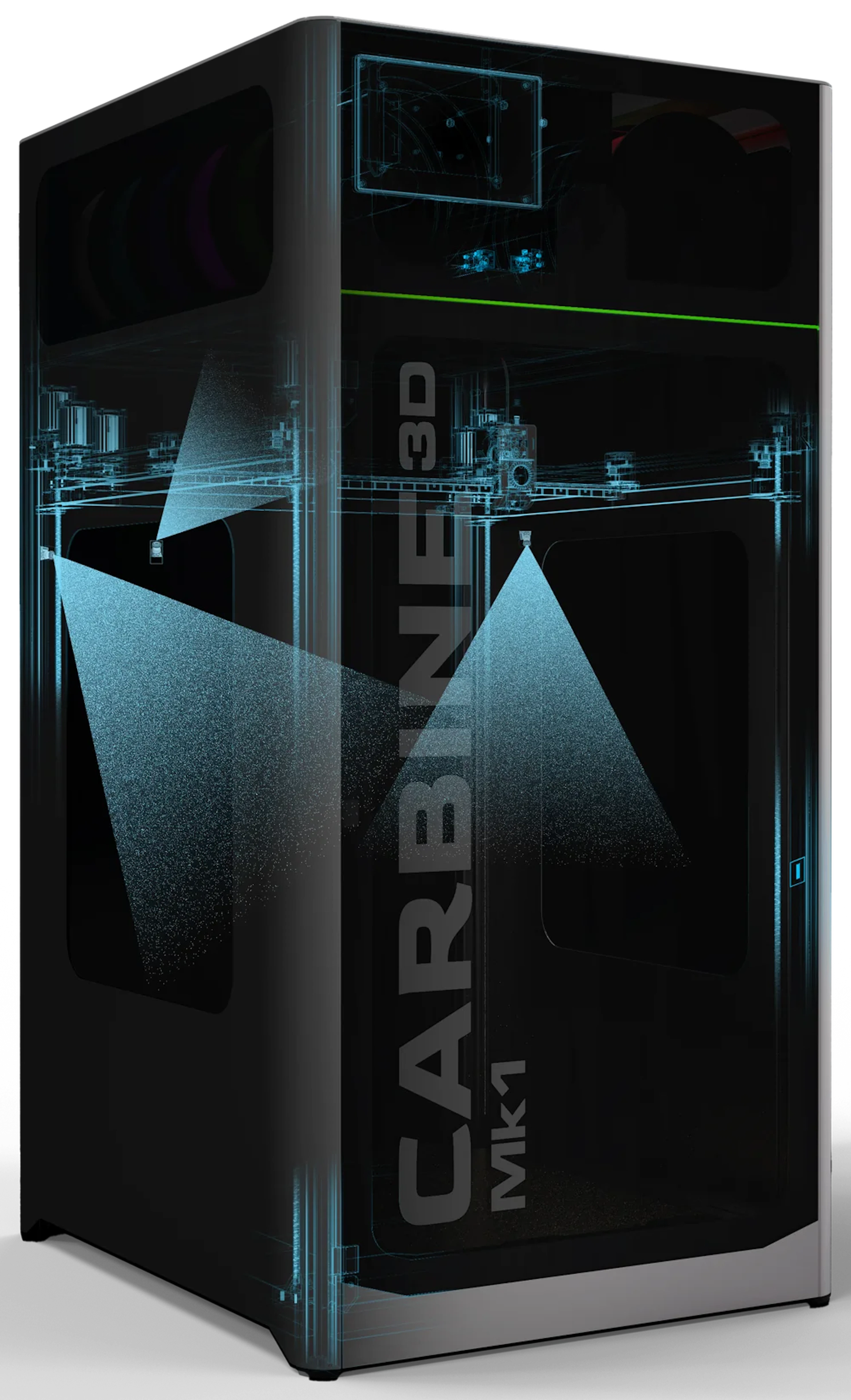 X-ray view of the Carbine3D Mk1 showing the fields of view of its monitoring cameras inside the chamber