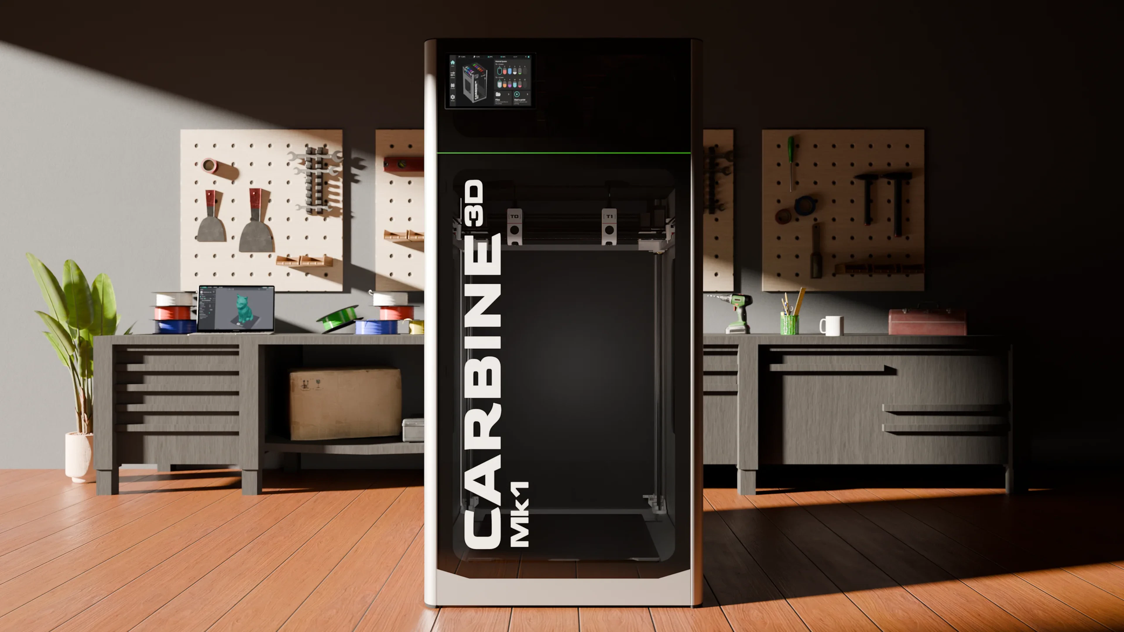 The Carbine3D Mk1 installed in a workshop, beside benches of filament spools and tools