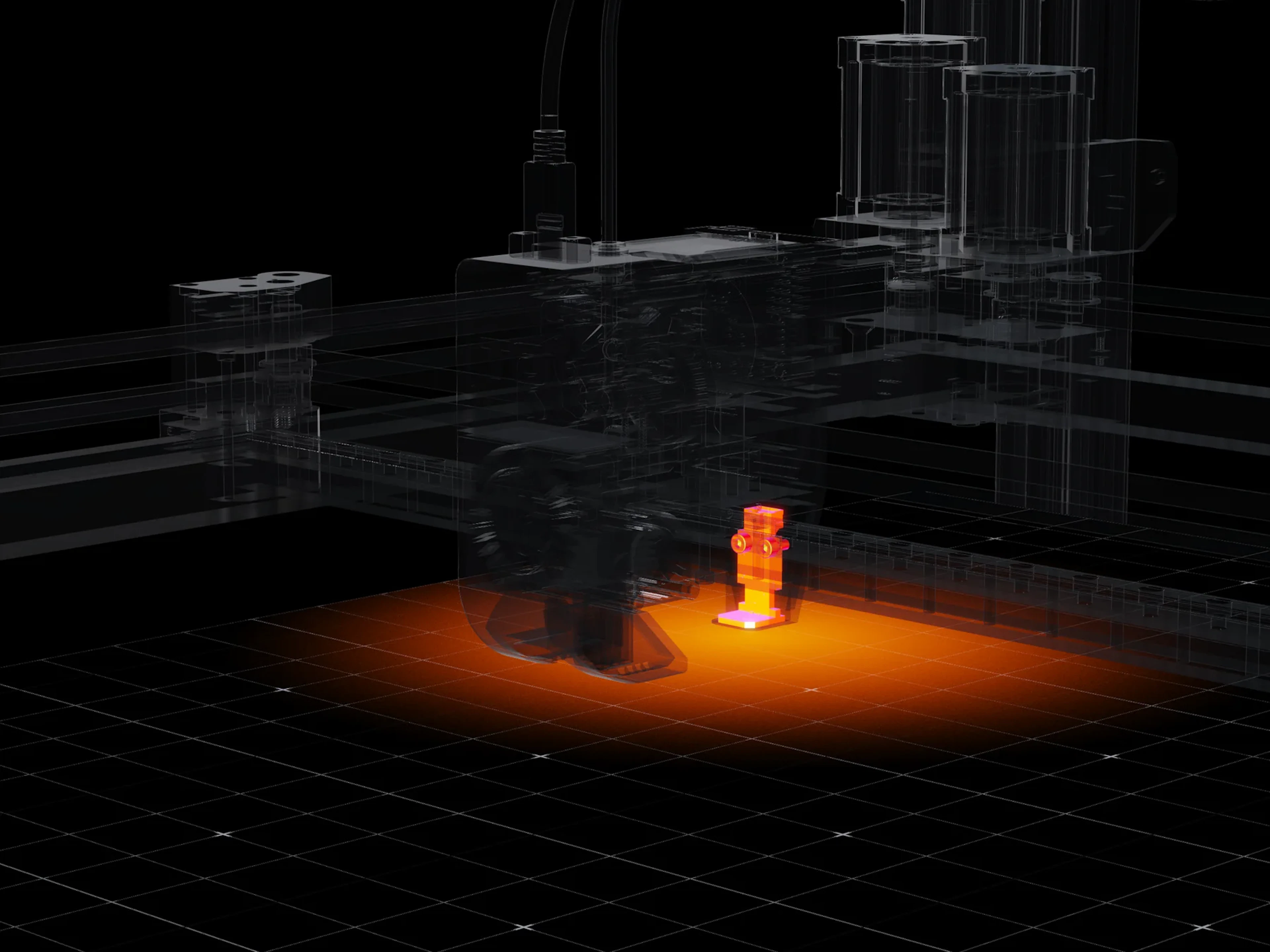 X-ray view of the Mk1 toolhead over the build plate, with the eddy current scan glowing across the bed beneath it