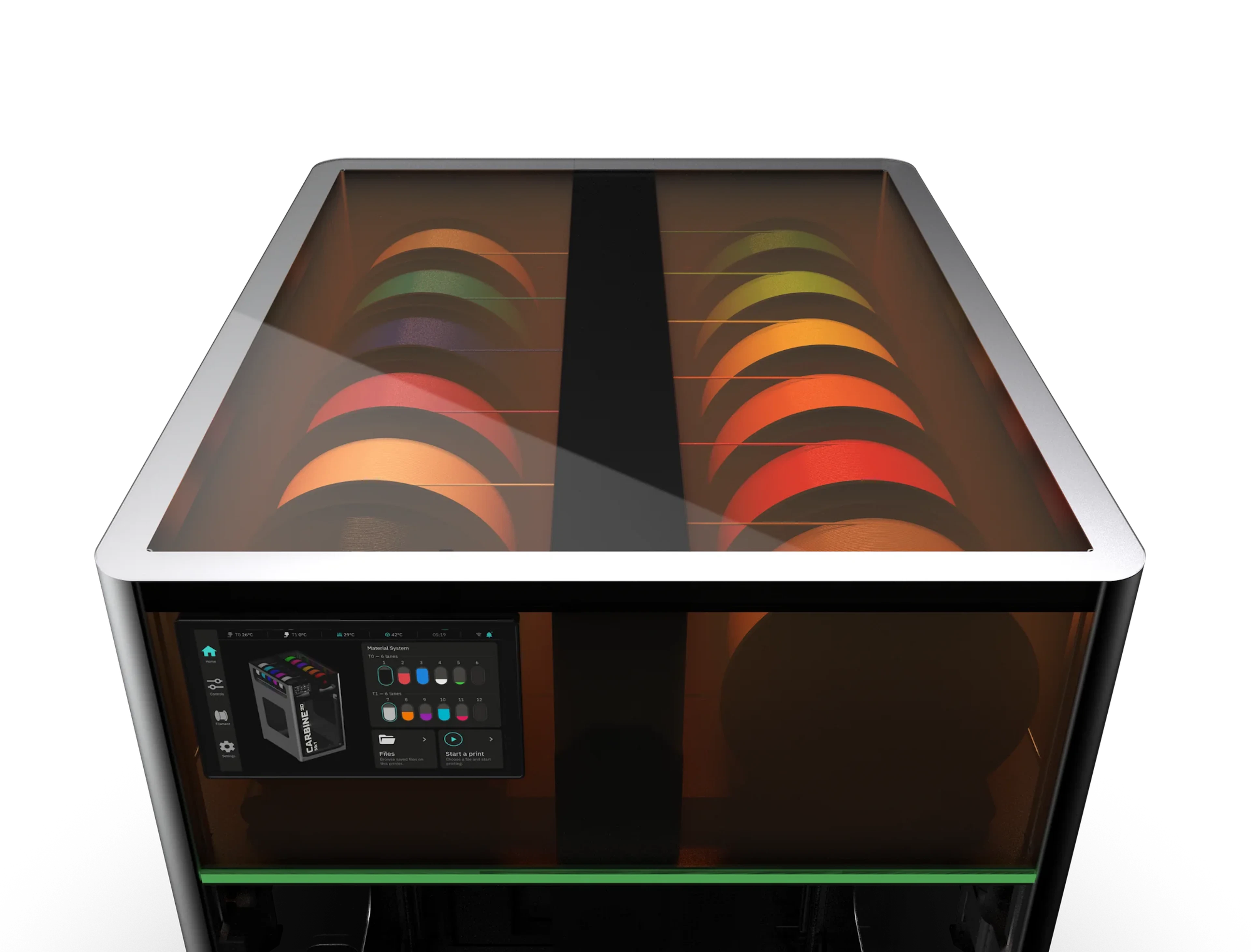 Dual actively dried filament bays loaded with twelve spools on the Carbine3D Mk1