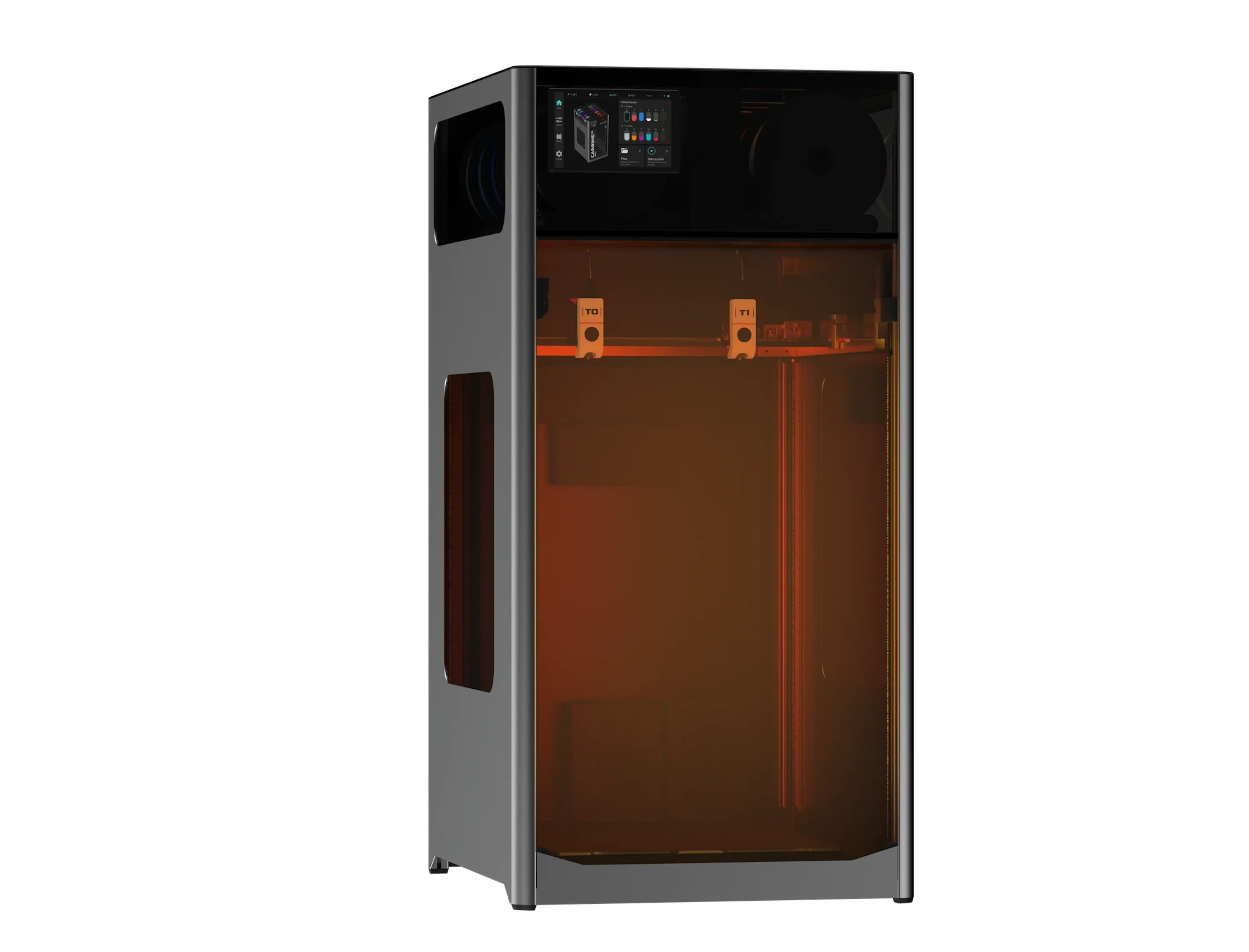 Carbine3D Mk1 with the heated chamber glowing through the front panel