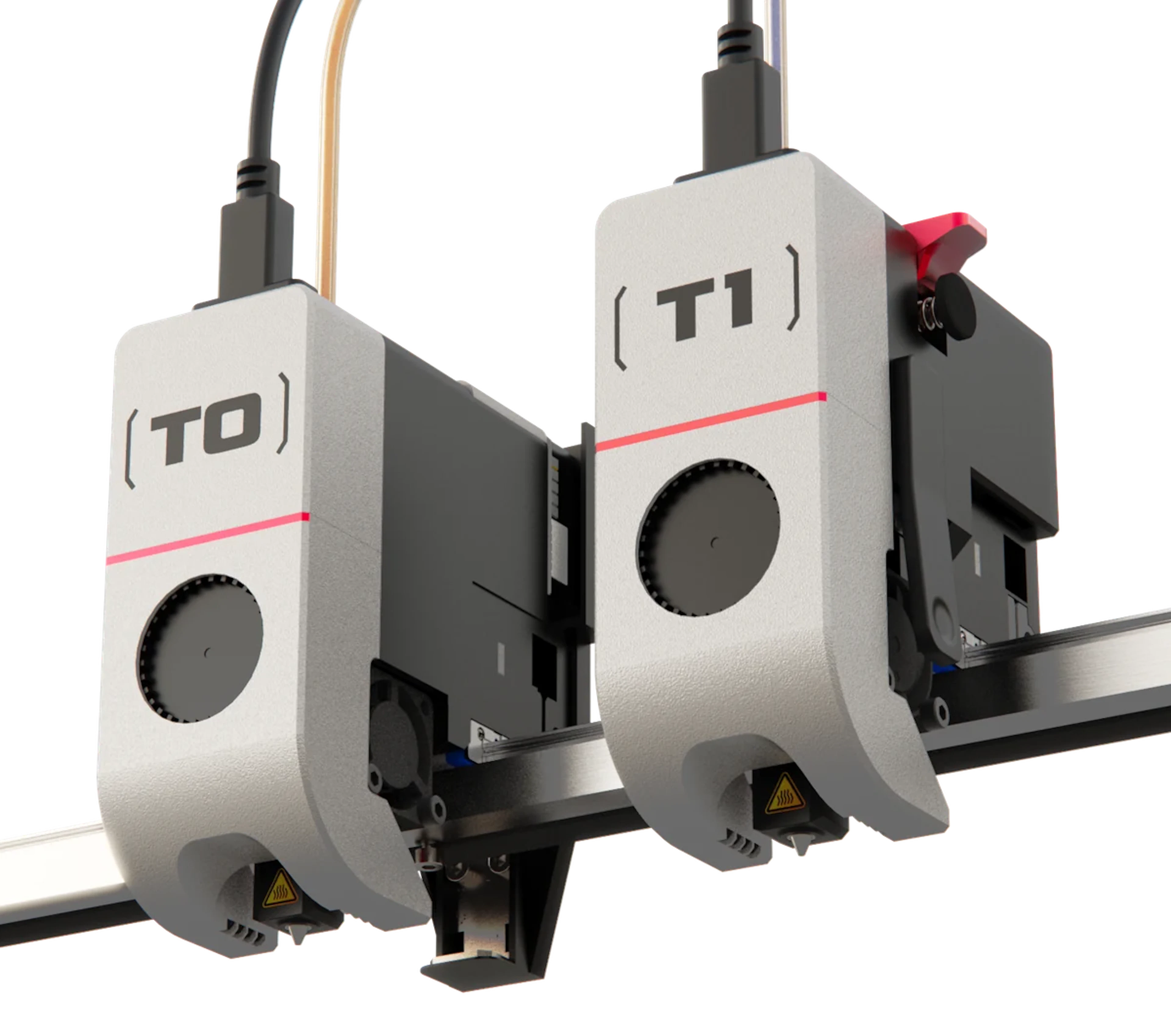 The Mk1's two independent toolheads, T0 and T1, side by side on the gantry rail