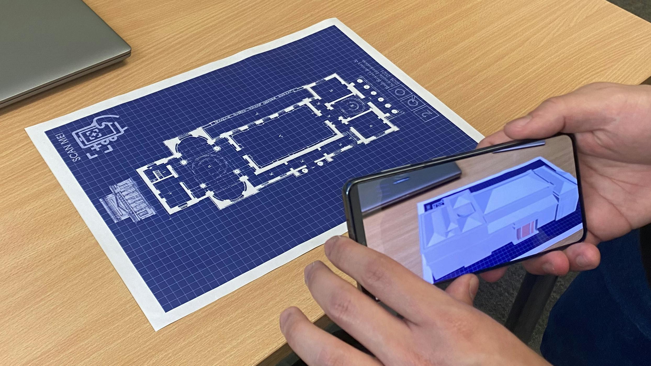 Image from augmented reality map showing archival exhibition images and 3D model of the original museum