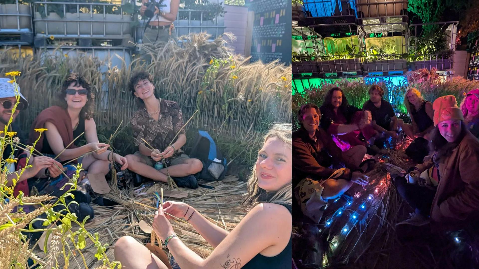 Festival goers enjoying Fieldworks in the day and at night