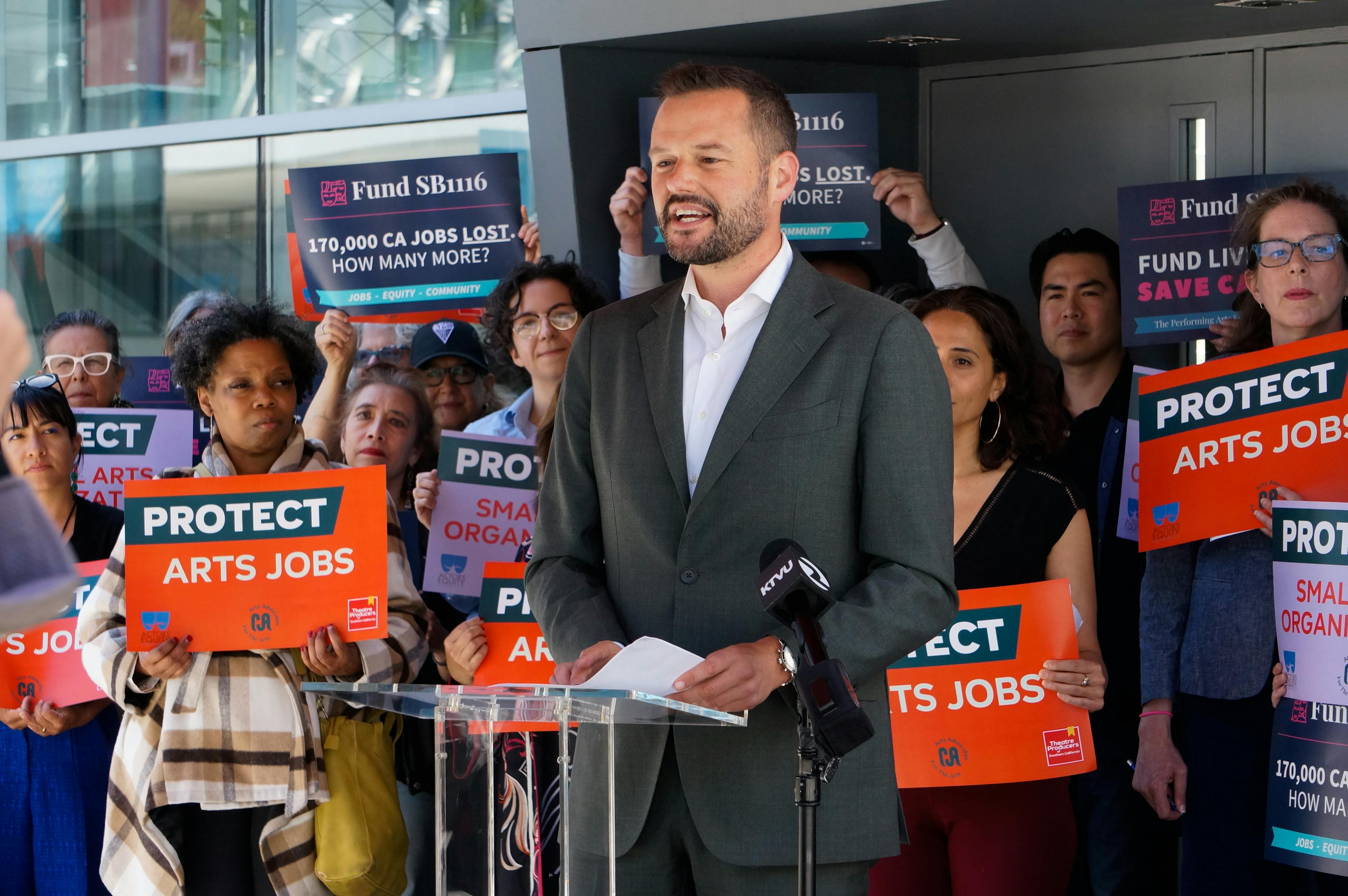 Assemblymember Matt Haney with advocates during the PAEPF press conference at the Yerba Buena Center for the Arts last week.
Photo credit: Hilary Buffum, Theatre Bay Area