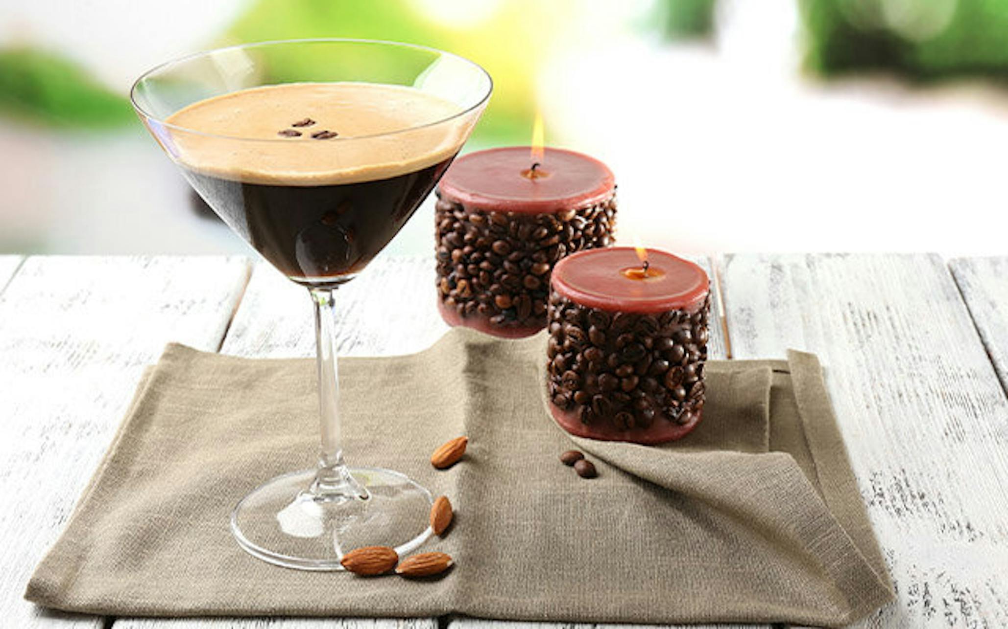 Vanilla Espresso Martini with coffee bean candles