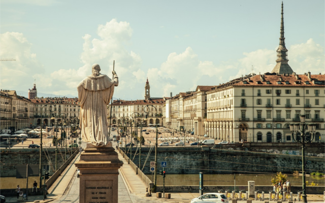 Turin Italy city centre with statue in the 1700s painting