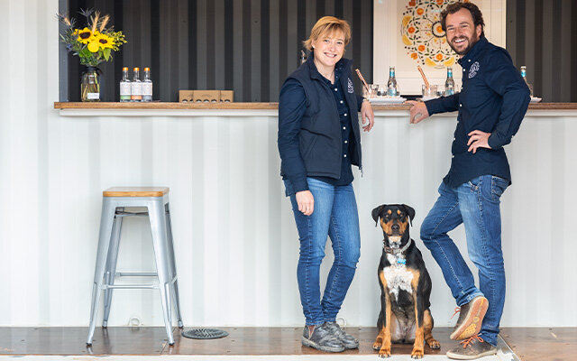 Nicole and Jon Durdin, Co-founders of Seppeltsfield Rd Distillers and their distillery dog