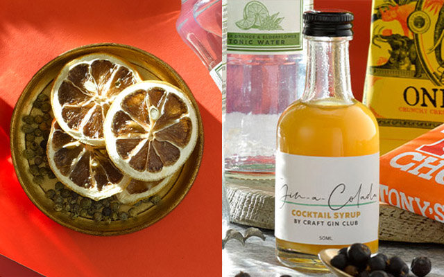 Lemon and green peppercorn garnishes and Gin-a-Colada Cocktail Syrup