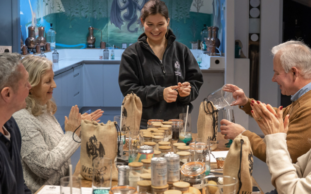 A woman teaches a group of people how to make gin