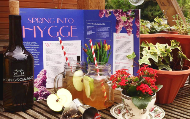Gin Iced tea cocktail with sliced apples in mason jars with flowers in the garden