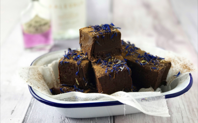 Chocolate violet gin fudge squares
