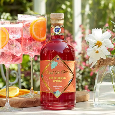 A bottle of Craft Gin Club's Gin O'clock Spritz - a red liquid in a glass bottle