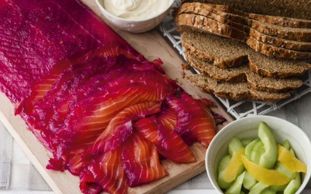 Beetroot and gin infused salmon