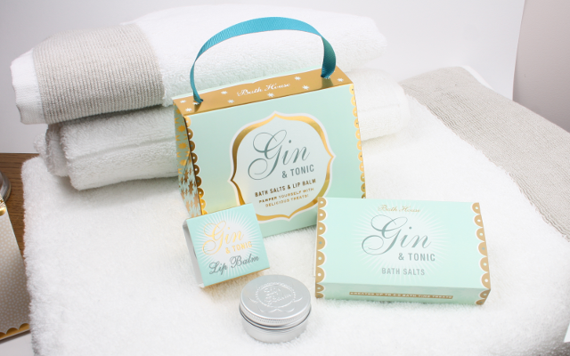 Gin bath set, bath salts, gin lip balm