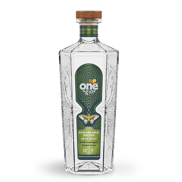 Gin bottle with butterfly pattern with apple flavoured gin