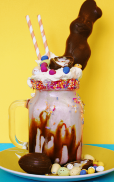 Easter Gin Freakshake lindt bunny cream straws chocolate eggs and sprinkles