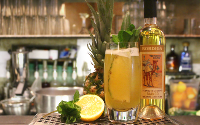 Bordiga vermouth cocktail pietro punch with pineapple and lemon garnish