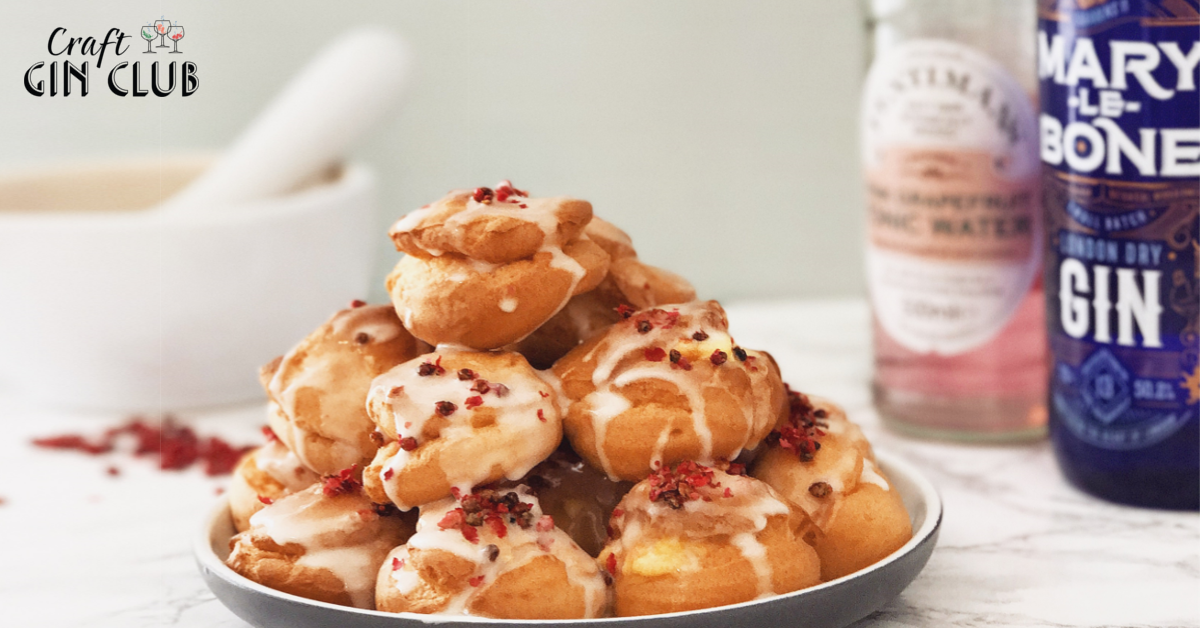 Marylebone Gin and Fentimans pink grapefruit tonic topped profiteroles with pink peppercorns from gin baker