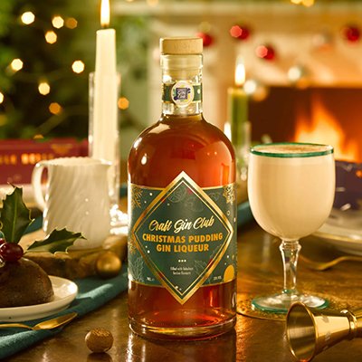 A bottle of the Craft Gin Club Christmas Gin Liquer as part of the December Golden Ticket prize Pudding