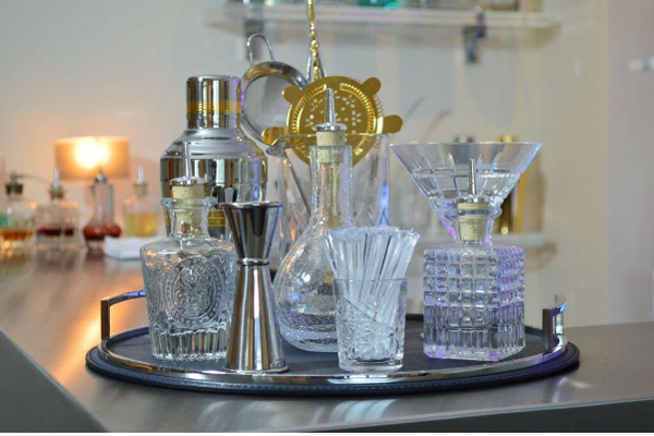 Luxury Cocktail making set on tray including strainer shaker measure stirrers and glasses