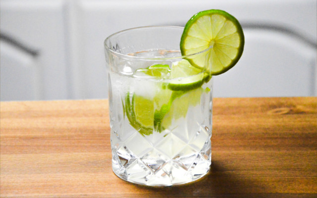 gin rickey in a tumbler with ice and a lime slice