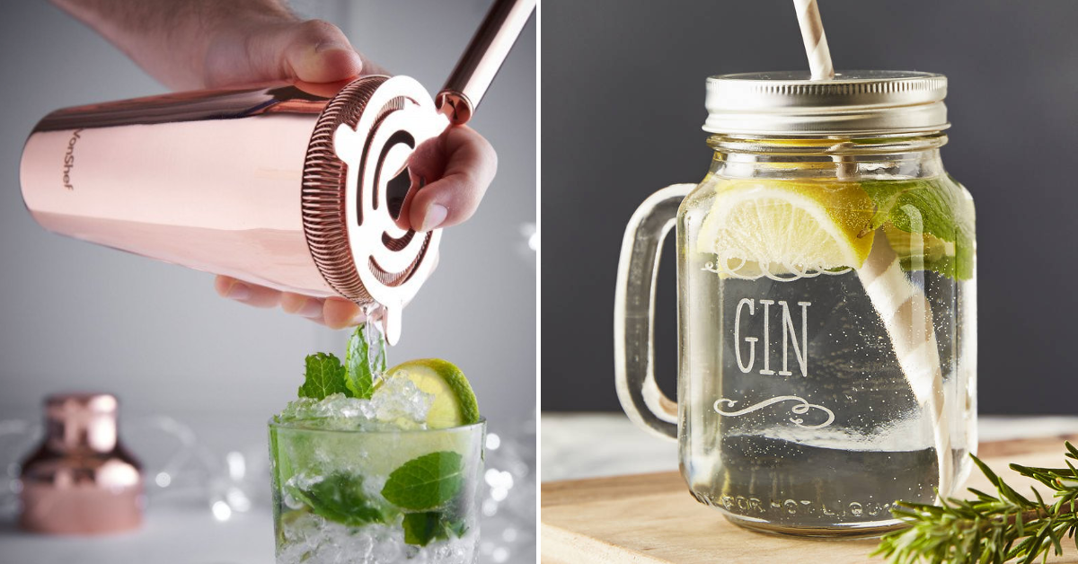 Copper cocktail shaker gin mason jar glass
