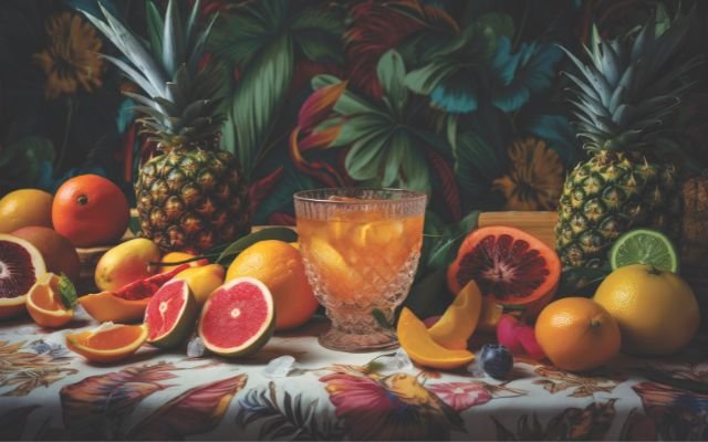 A tropical orange cocktail in a short crystal glass is surrounded by tropical fruits on display