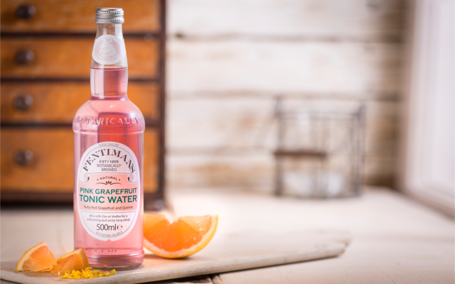 Fentimans pink grapefruit tonic water bottle on chopping board