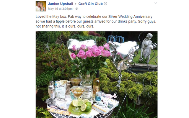 Facebook wall post featuring pink roses in a vase on an al fresco table in the garden with occitan gin bordiga vermouth with limes and a good book