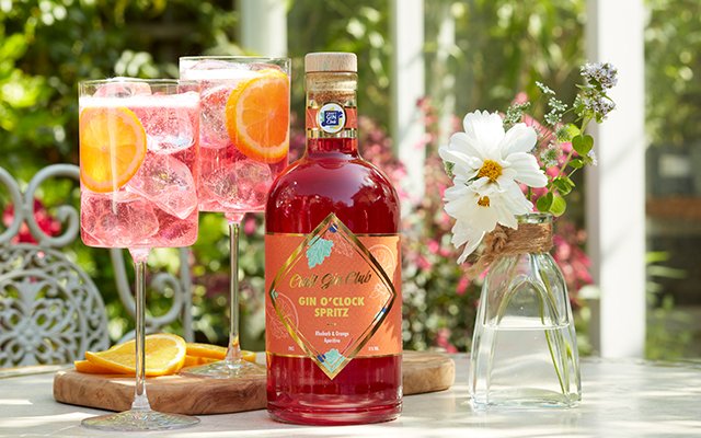 Rhubarb and orange gin liqueur cocktail with orange garnish