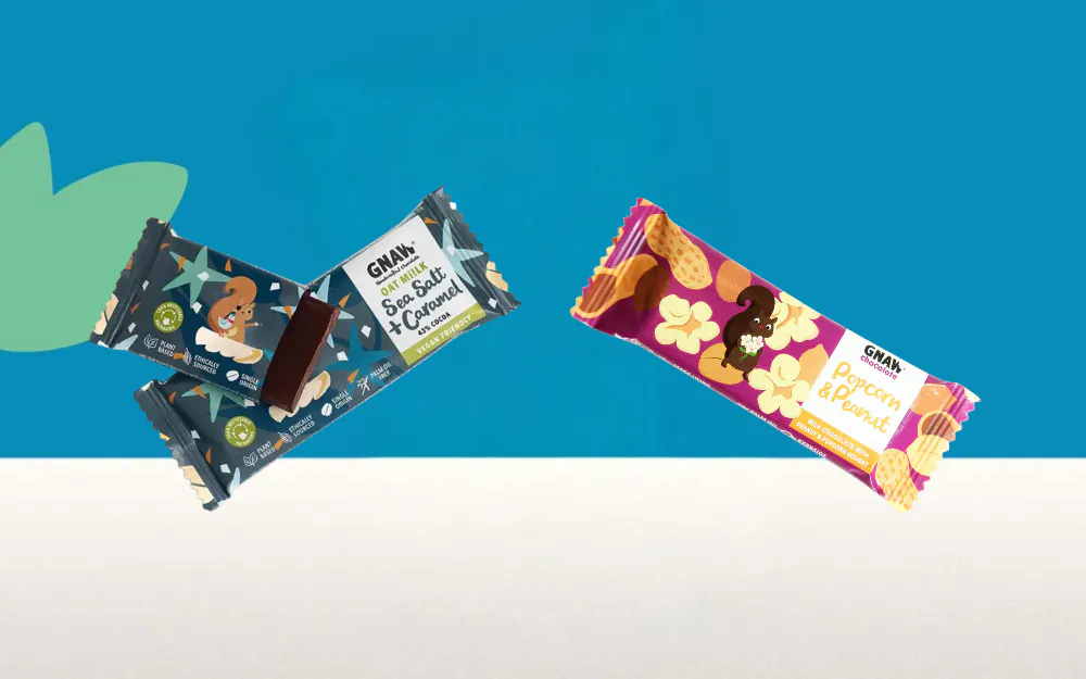Gnaw Oat M!lk Sea Salt & Caramel Chocolate Bar & Gnaw Popcorn & Peanut Milk Chocolate Bar