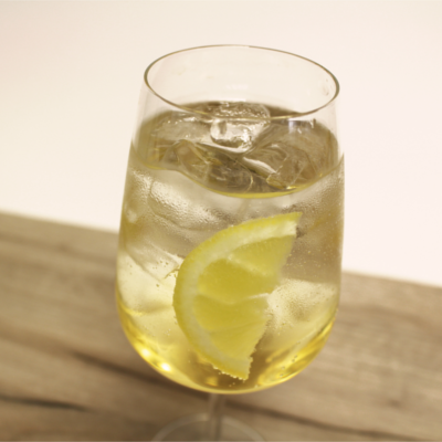 Vermouth and Tonic in tumbler with a slice of lemon