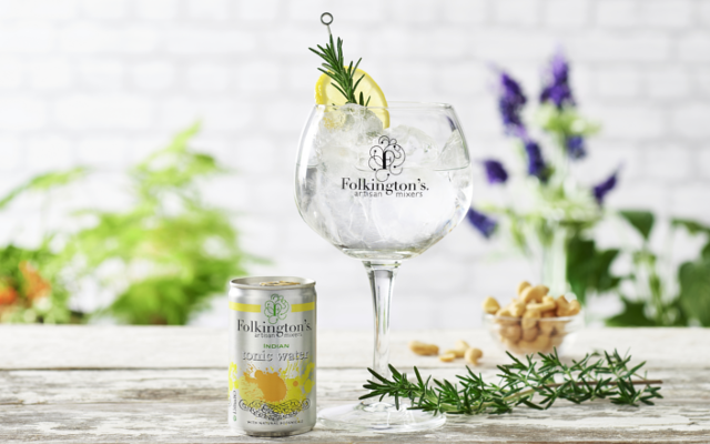 Folkington's Tonic and copa glass gin and tonic with rosemary and lemon garnish